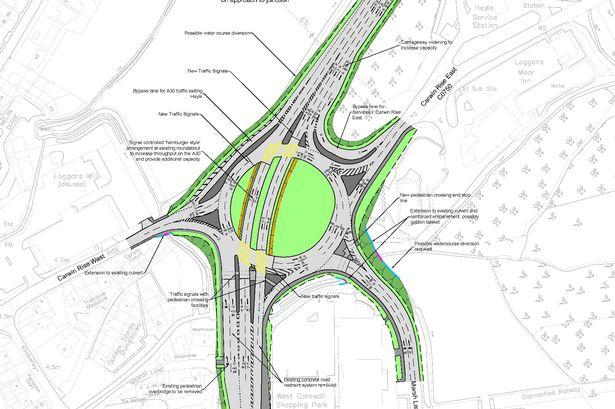 The roundabout today alongside the potential design for the layout of the new A30 Loggans Moor junction.